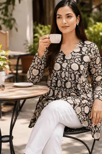 Anushil floral printed short kurti for women | cotton blend a-line tunic top | v-neck gathered top