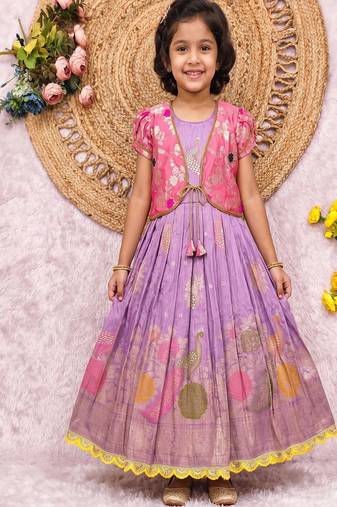 Kids lavendar color  girls ethnic peacock motif woven gown with brocade jacket koti