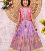 Kids lavendar color  girls ethnic peacock motif woven gown with brocade jacket koti