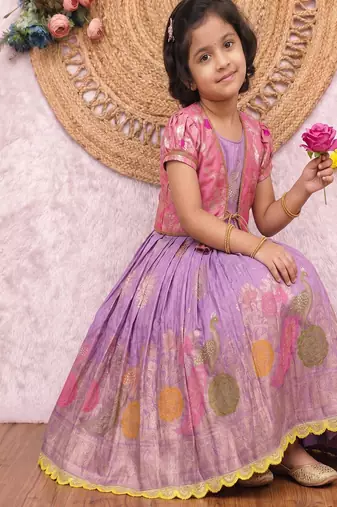 Kids lavendar color girls ethnic peacock motif woven gown with brocade jacket koti
