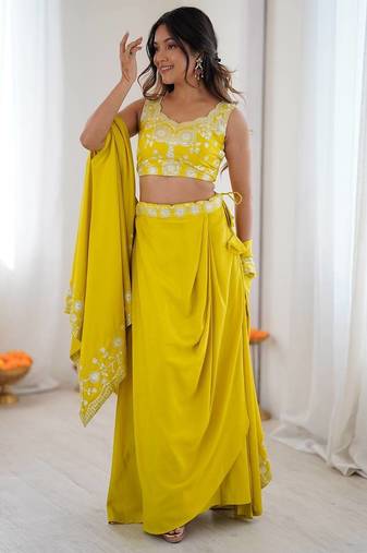 Neon yellow French Crepe Dhoti Set with Embroidered Choli & Shrug