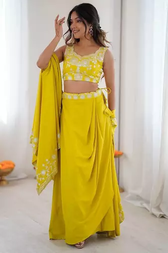 Neon yellow French Crepe Dhoti Set with Embroidered Choli & Shrug