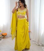 Neon yellow French Crepe Dhoti Set with Embroidered Choli & Shrug