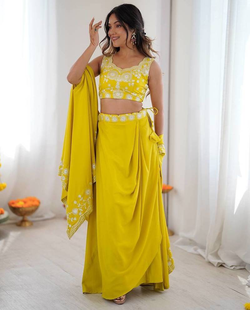Neon yellow French Crepe Dhoti Set with Embroidered Choli & Shrug