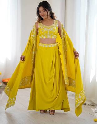 Neon yellow French Crepe Dhoti Set with Embroidered Choli & Shrug 2
