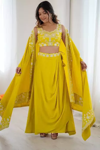 Neon yellow French Crepe Dhoti Set with Embroidered Choli & Shrug