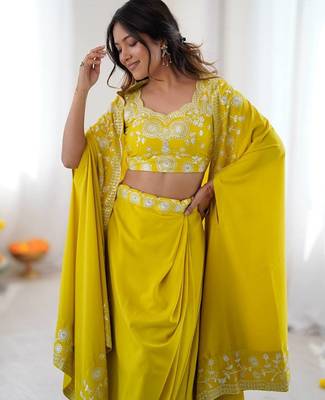 Neon yellow French Crepe Dhoti Set with Embroidered Choli & Shrug 3