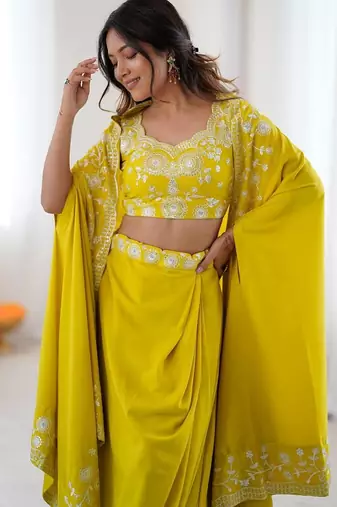 Neon yellow French Crepe Dhoti Set with Embroidered Choli & Shrug