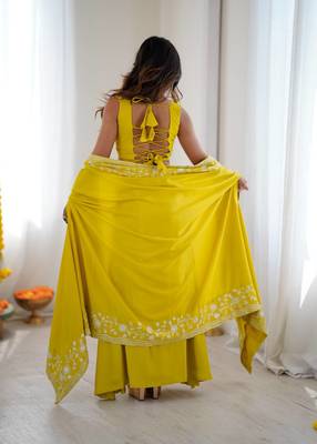 Neon yellow French Crepe Dhoti Set with Embroidered Choli & Shrug 4