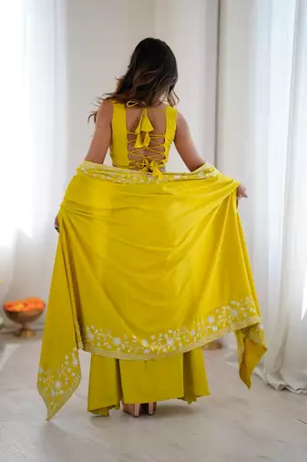 Neon yellow French Crepe Dhoti Set with Embroidered Choli & Shrug