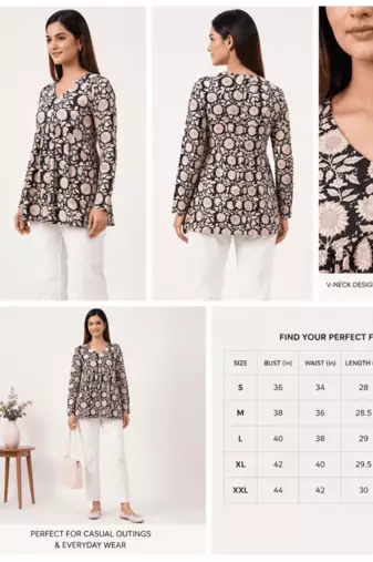 Anushil floral printed short kurti for women | cotton blend a-line tunic top | v-neck gathered top