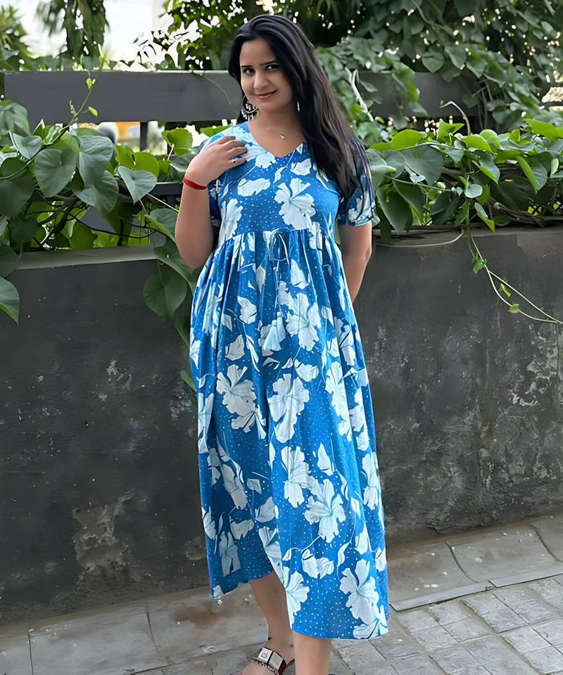aqua-blue rayon printed dress