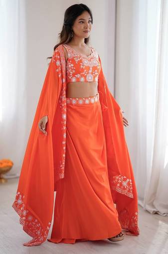 Orange French Crepe Dhoti Set with Embroidered Choli & Shrug