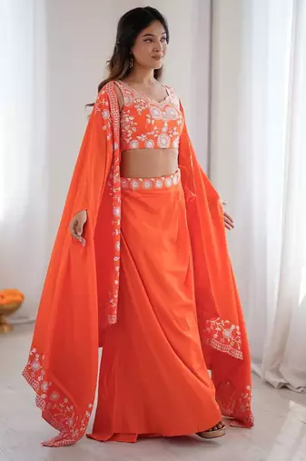 Orange French Crepe Dhoti Set with Embroidered Choli & Shrug
