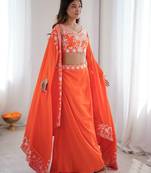 Orange French Crepe Dhoti Set with Embroidered Choli & Shrug