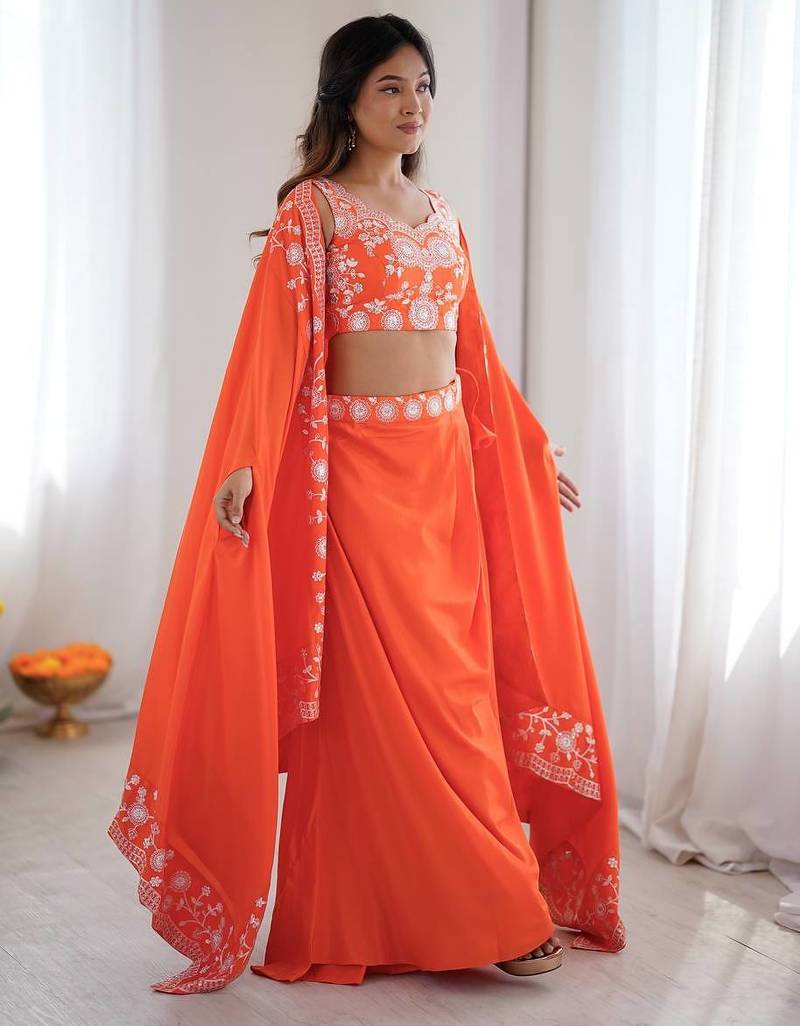 Orange French Crepe Dhoti Set with Embroidered Choli & Shrug