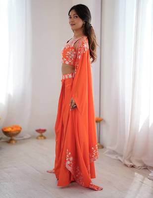 Orange French Crepe Dhoti Set with Embroidered Choli & Shrug 2
