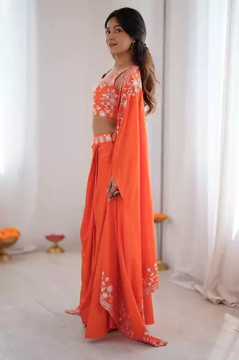 Orange French Crepe Dhoti Set with Embroidered Choli & Shrug