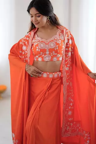 Orange French Crepe Dhoti Set with Embroidered Choli & Shrug