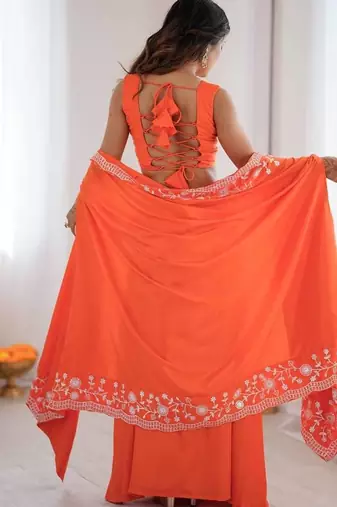 Orange French Crepe Dhoti Set with Embroidered Choli & Shrug