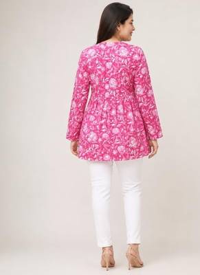 Anushil floral printed short kurti for women | cotton blend a-line tunic top | v-neck gathered top 2