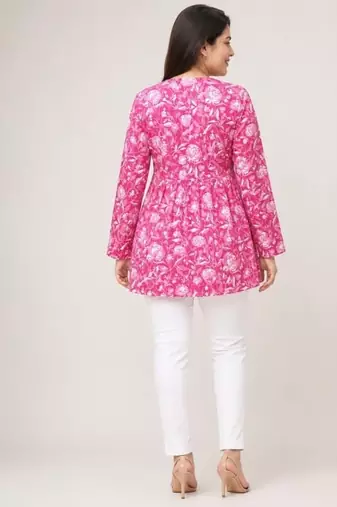 Anushil floral printed short kurti for women | cotton blend a-line tunic top | v-neck gathered top