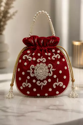 red pearl embroidered potli bag