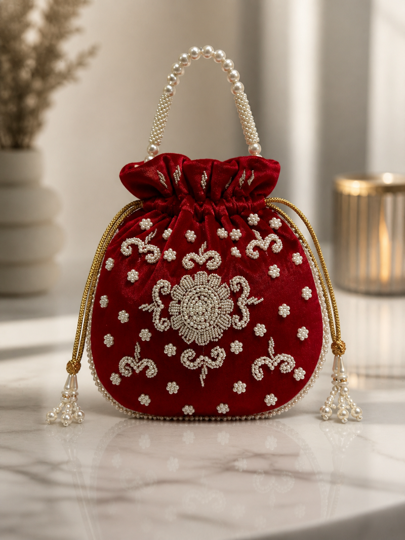 red pearl embroidered potli bag