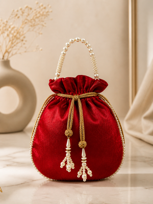 red pearl embroidered potli bag 3