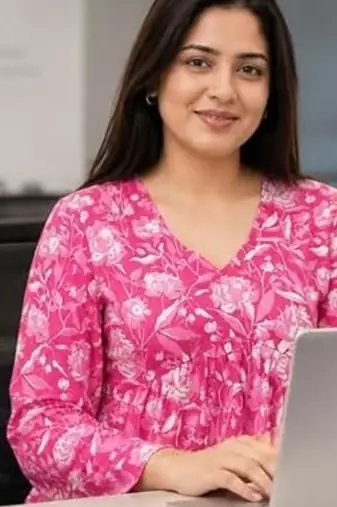 Anushil floral printed short kurti for women | cotton blend a-line tunic top | v-neck gathered top