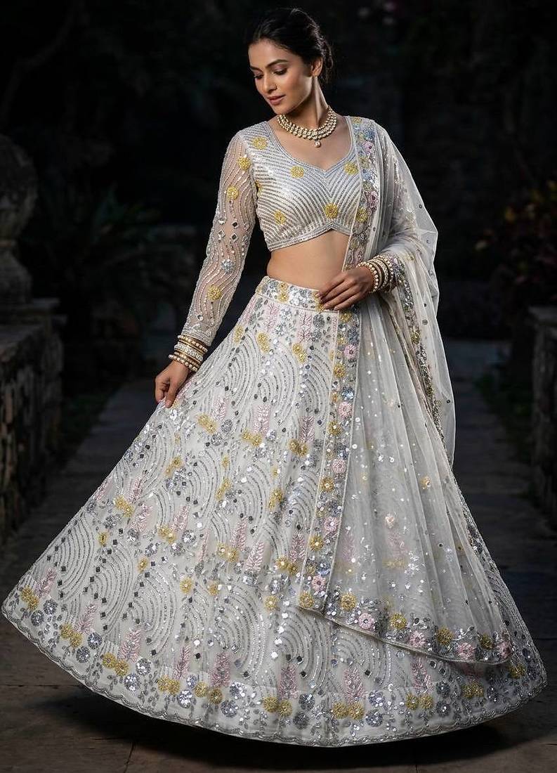 white net embroidered lehenga choli