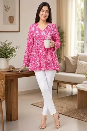 floral printed short kurti for women | cotton blend a-line tunic top