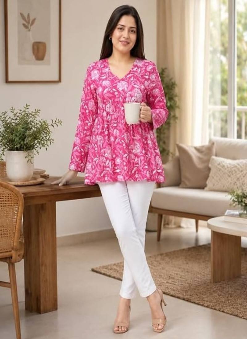 floral printed short kurti for women | cotton blend a-line tunic top