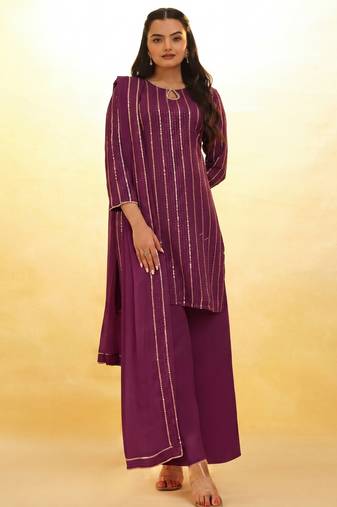 wine georgette sequin palazzo kurta and dupatta