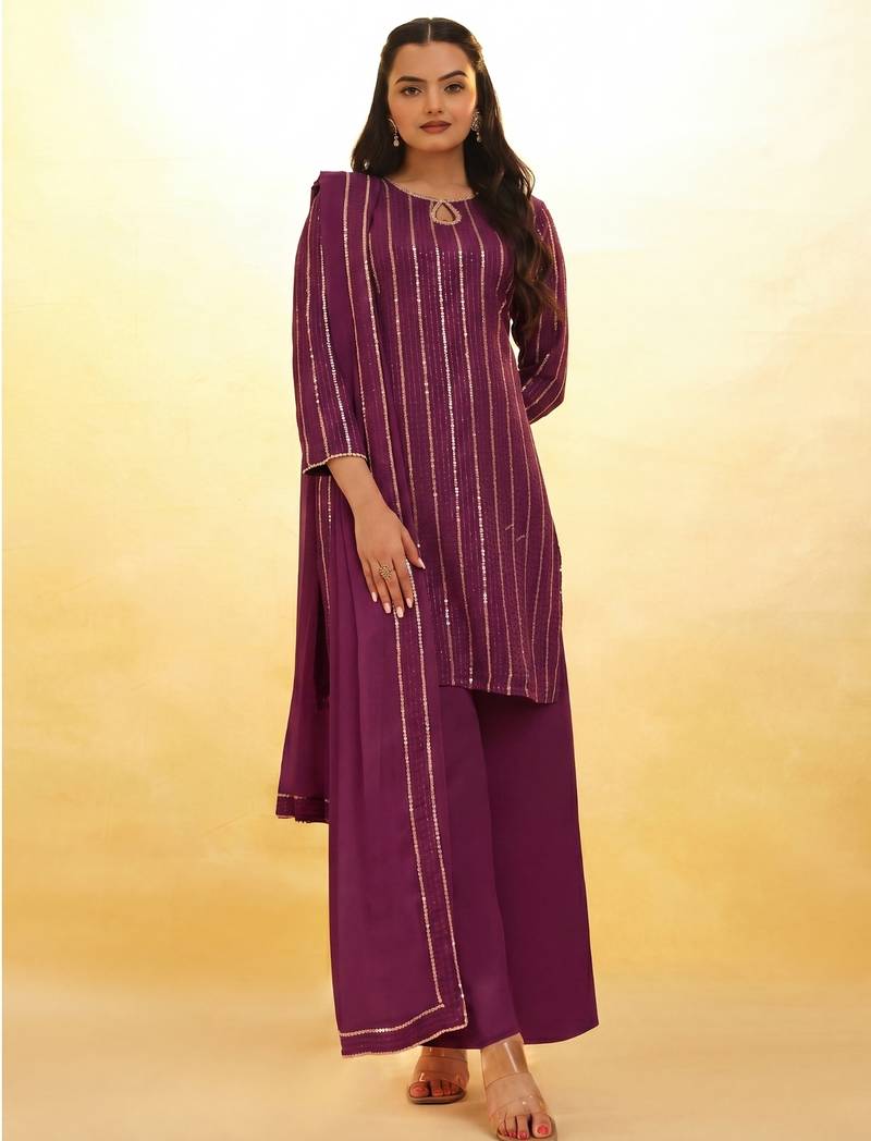 wine georgette sequin palazzo kurta and dupatta