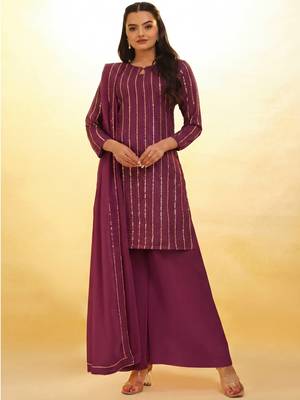 wine georgette sequin palazzo kurta and dupatta 2