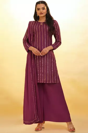 wine georgette sequin palazzo kurta and dupatta