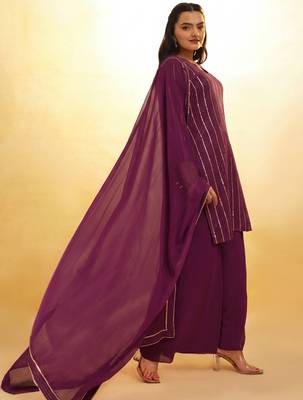 wine georgette sequin palazzo kurta and dupatta 3