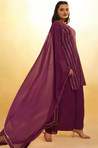 wine georgette sequin palazzo kurta and dupatta