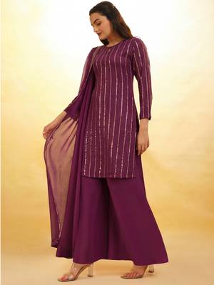 wine georgette sequin palazzo kurta and dupatta 4