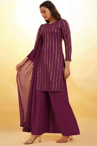 wine georgette sequin palazzo kurta and dupatta