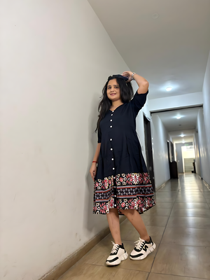 Women's rayon printed designer black casual flared dress 1