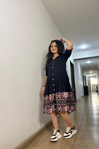 Women's rayon printed designer black casual flared dress