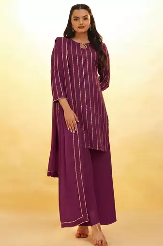 wine georgette sequin palazzo kurta and dupatta