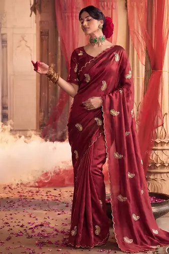 Heavy aari work satin saree for women maroon party wear