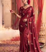 Heavy aari work satin saree for women maroon party wear