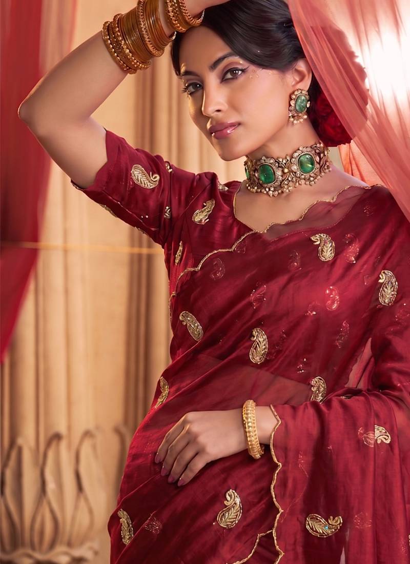 Heavy aari work satin saree for women maroon party wear