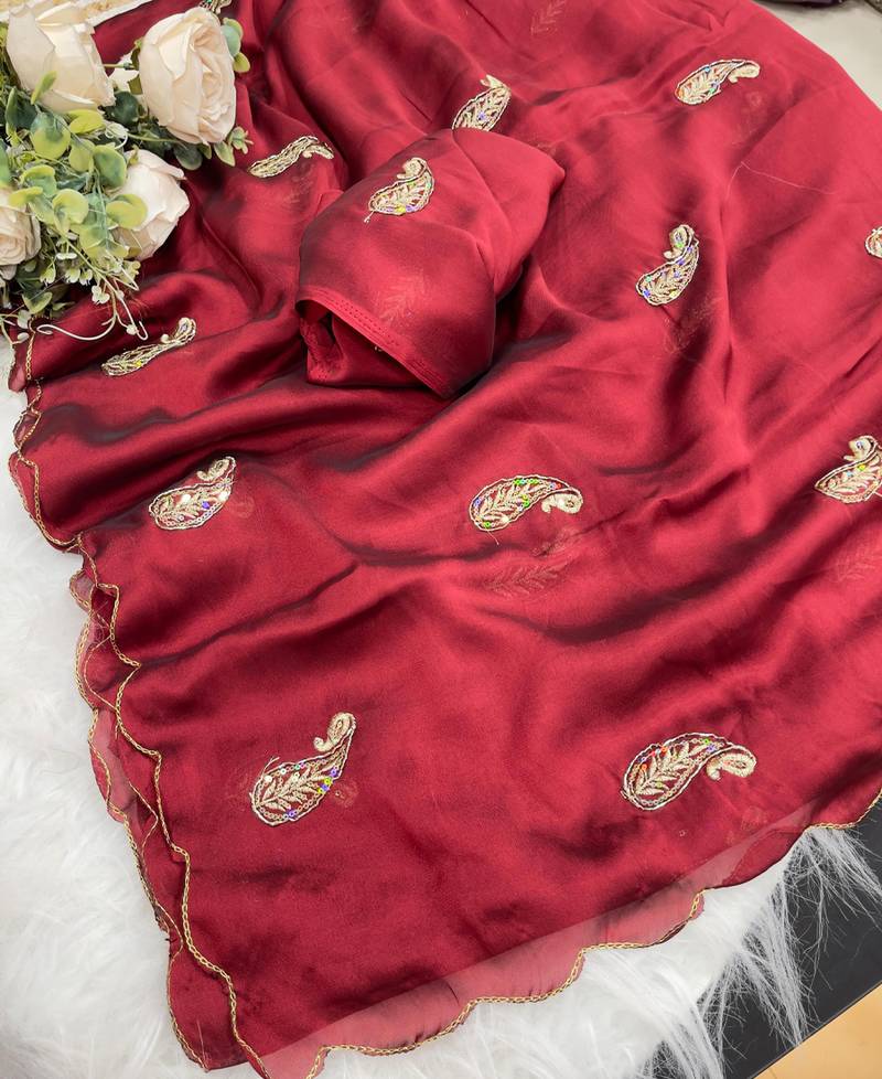 Heavy aari work satin saree for women maroon party wear