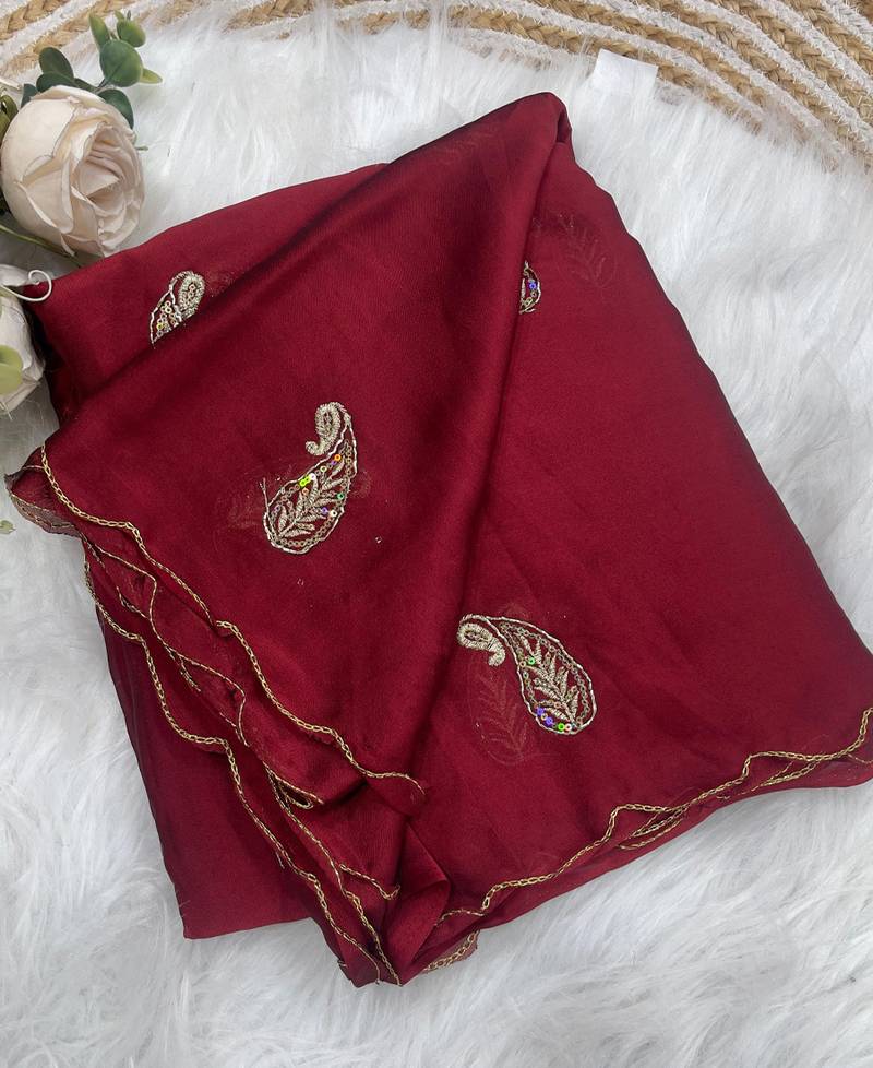 Heavy aari work satin saree for women maroon party wear