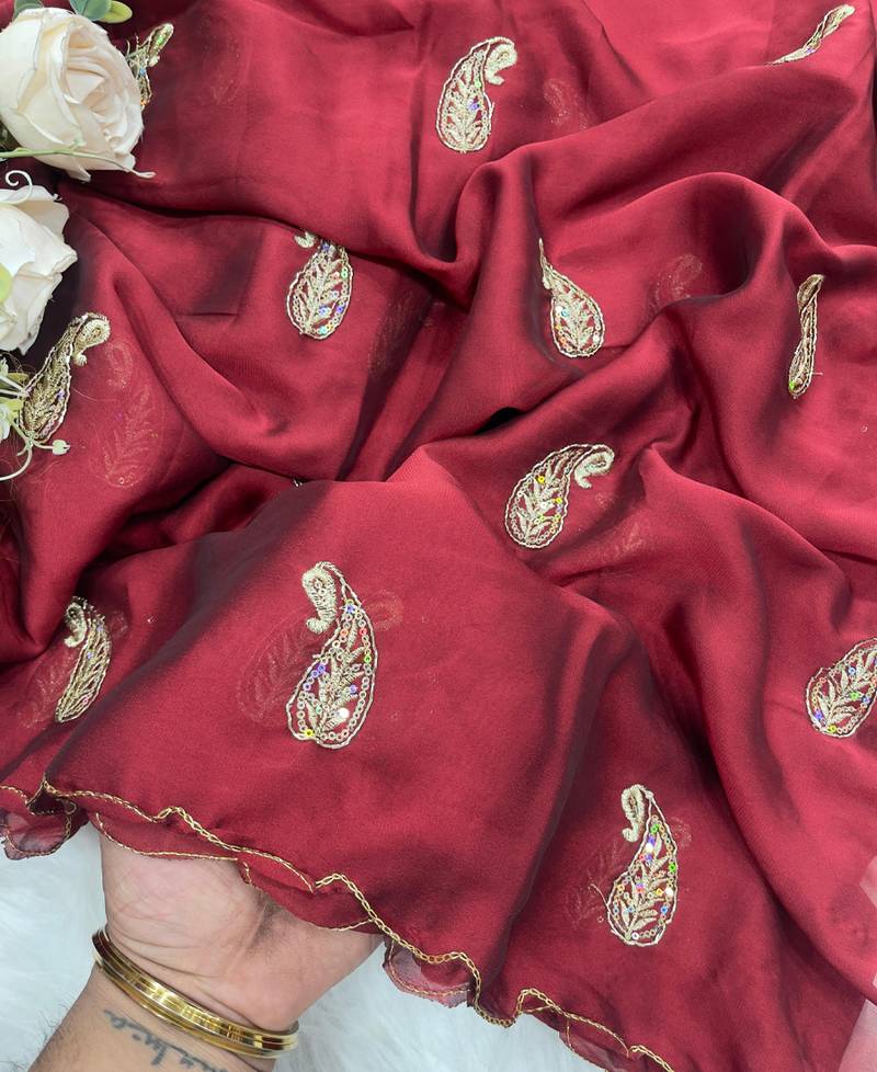 Heavy aari work satin saree for women maroon party wear